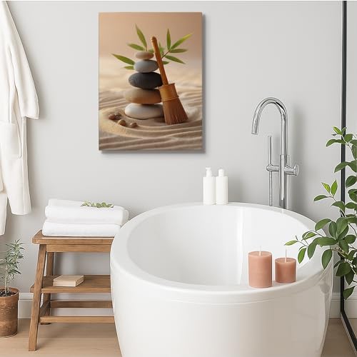 Zen Stones and Bamboo Canvas Wall Art, Neutral Beige Green Minimalistic Decor, Tranquil Home Aesthetic for Living Room, Bedroom, Office, Wrapped Canvas 8x10 Inch - size: 8x10 Inch