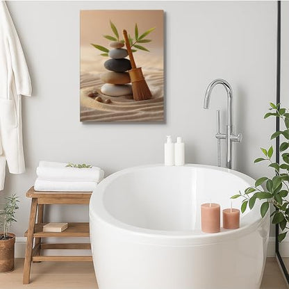 Zen Stones and Bamboo Canvas Wall Art, Neutral Beige Green Minimalistic Decor, Tranquil Home Aesthetic for Living Room, Bedroom, Office, Wrapped Canvas 8x10 Inch - size: 8x10 Inch