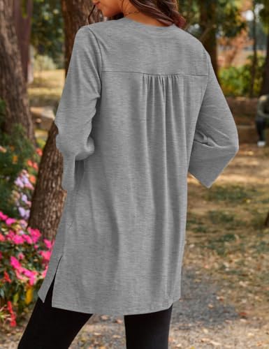 Poetsky Womens Tunic Tops 3/4 Bell Sleeve Loose Fit Tunics Dressy Casual Side Split Flare Top for Leggings S-3XL - color: Grey, size: X-Large