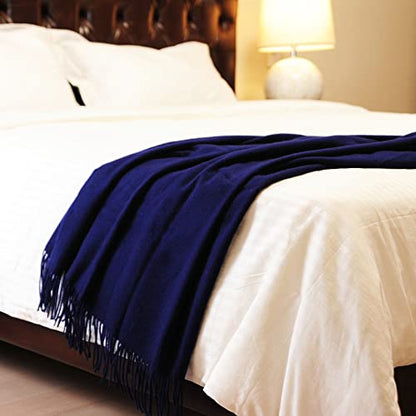 CUDDLE DREAMS Premium Cashmere Throw Blanket with Fringe, Luxuriously Soft (Navy) - color: Navy