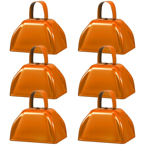 6 Pcs 3 Inch Metal Cowbells Noise Maker Hand Percussion Cow Bells with Handles for Sporting Events Cheering Noisemakers Weddings Team Spirit Sports Party Favors (Orange) - color: Orange