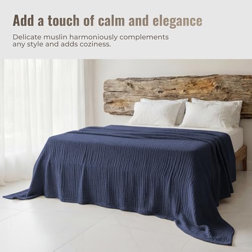 4-Layer Muslin Cotton King Bed Blanket (108 x 90 inches) – Ultra Soft, Breathable & Lightweight All-Season Gauze Blanket, Cozy Comfort, Machine Washable – Navy - color: Navy, size: King (108 x 90 inches)