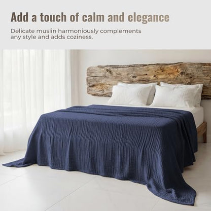 4-Layer Muslin Cotton King Bed Blanket (108 x 90 inches) – Ultra Soft, Breathable & Lightweight All-Season Gauze Blanket, Cozy Comfort, Machine Washable – Navy - color: Navy, size: King (108 x 90 inches)