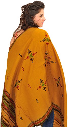 Exotic India Shawl from Kutch with Embroidered Bootis and Mirrors - Wool - color: Spruce Yellow