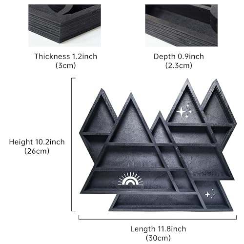 Mountain Crystal Shelf Display for Wall, Wooden Triangle Rock Gem Stone Storage Holder, Meditation Room Decor Spiritual Gift, Wall Hanging Organizer for Trinkets, Knick Knacks, Art Collections