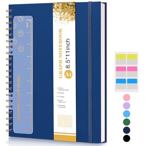 Graph Paper Notebook, Spiral Notebook Journal 8.5” x 11”, A4 Large Grid Notebooks for Women Men, 100 GSM Graph Paper, Plastic Hardcover Spiral Graphing Journals for Work School Engineering, Navy - color: Navy, size: Graph