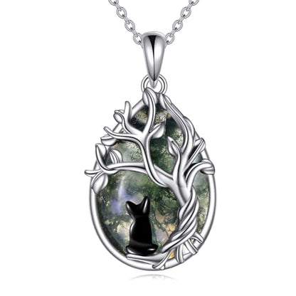 Moss Agate Tree of Life Black Cat Necklace for Women Family Tree Pendant Jewelry Birthday Gifts