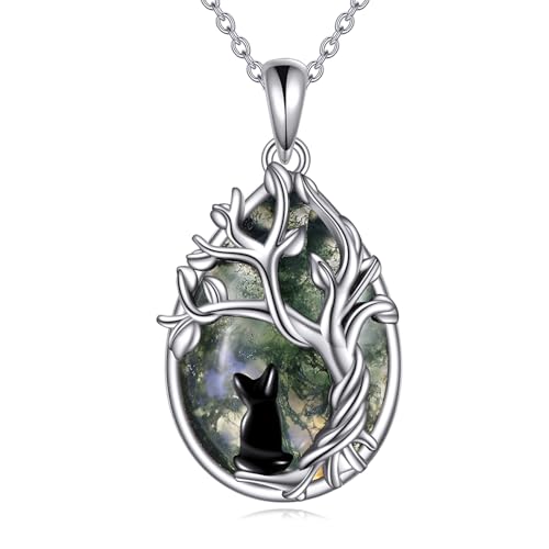 Moss Agate Tree of Life Black Cat Necklace for Women Family Tree Pendant Jewelry Birthday Gifts