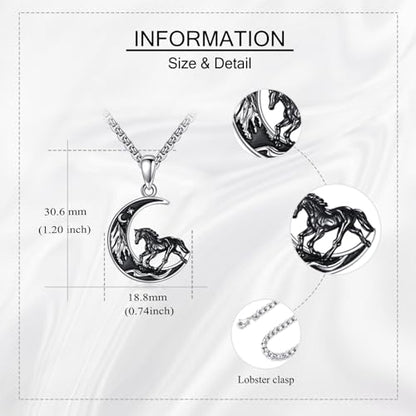 Sterling Silver Cute Animal Pendant Necklace Fox/Snake/Unicorn/Owl on Moon/Rabbit/Horse Necklace Jewelry for Women Mom Sister - style: Horse Moon