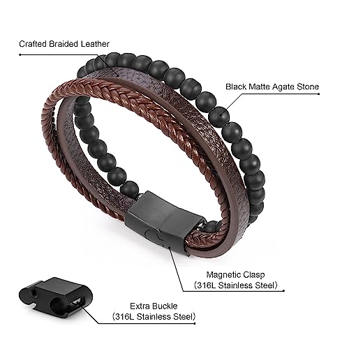 FOCOOG Leather Bead Bracelets for Men, Natural Tiger Eye Lava Rock Stone Bead Magnetic Clasp Adjustable Leather Bracelets Stress Relief Mens Anxiety Bracelet Mens Jewelry Gifts - style: Brown Leather-Matte Agate Bead