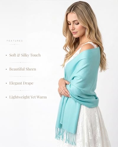 Achillea Lightweight Pashmina Scarf for Women – Soft Silky Shawl Wrap for Evening Dresses, Bridesmaids & Everyday Wear - color: Light Turquoise