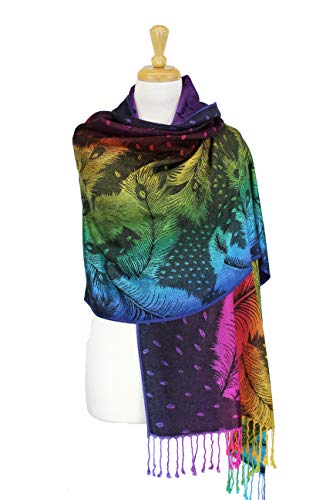 PASKMLNA Double Side Multi Colors Silky Tropical Colorful Exotic Pashmina Wrap Shawl Scarf Rave - color: 050-navy Multi Feathers