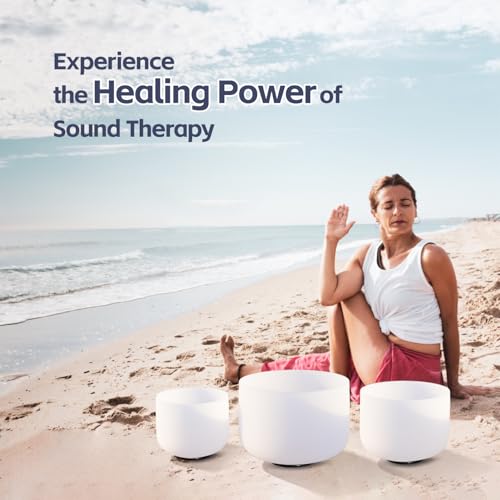 440HZ Sound Healing 8''-12'' Set of 3 Crystal Singing Bowls, Frosted Chakra Quartz Crystal Sound Bowl 8'' A Third-Eye, 10'' F Heart, 12'' C Root With Carry Bags and Mallet