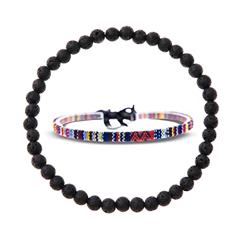 Made by Nami 2 Pcs Boho Surfer Bracelets for Men and Women Waterproof and Adjustable Beach Bracelets for Men and Women Set of 2 Beaded & Braided - color: Lava Beads & Dark Multi