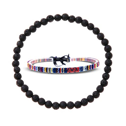 Made by Nami 2 Pcs Boho Surfer Bracelets for Men and Women Waterproof and Adjustable Beach Bracelets for Men and Women Set of 2 Beaded & Braided - color: Lava Beads & Dark Multi