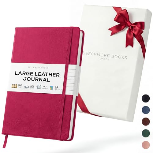 BEECHMORE BOOKS Lined Journal Notebook, 8.5 x 11.5 inch, A4 160 Lined Pages, Hardcover Leather Journals for Women, Men, Writing and Notebooks for Work - 120 GSM Thick Paper, Gifts Box Included - color: Vibrant Pink, size: A4 - 8.5" x 11.5" Large