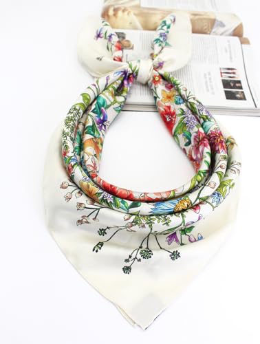 100% Pure Mulberry Silk Scarf 35" Large Square Lightweight Headscarf –Women’s Hair Wraps-With Gift Packed - color: Flowers-white-twill