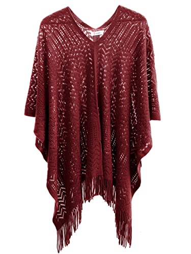 Soul Young Knitted Poncho Sweater for Women Ladies Pullover Wraps Cozy Topper shawl Cape - color: Burgundy