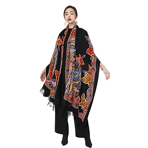 100% Merino Wool Pashmina Shawl for Women 96"x43", Oversized Cashmere Wrap with Tassels, Floral Travel Blanket Cape - color: Black Red Paisley