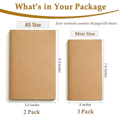 Kraft Notebooks Bulk, Blank Journals Notebook for Office, Unlined Composition Notebook for Kids, Student, Sketchbooks and Journaling Notebooks for Work, School & 60 Pages&A5&Mini Size(2Pack 8.3"×5.5", 3Pack 7.4"×4")
