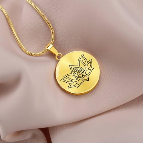 quan jewelry Yoga Lotus Flower Pendant Necklace with Om Symbol, Happy Birthday Gifts Ideas for Mom, Daughter, Women with Inspirational Quote on Gift Card - color: 18K Gold-Tone Cirle Plate