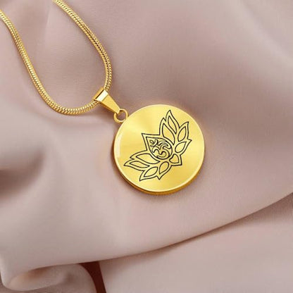 quan jewelry Yoga Lotus Flower Pendant Necklace with Om Symbol, Happy Birthday Gifts Ideas for Mom, Daughter, Women with Inspirational Quote on Gift Card - color: 18K Gold-Tone Cirle Plate