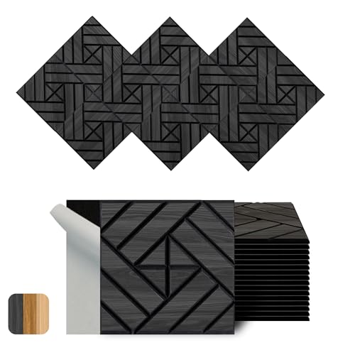 WoveN SounD Artisan Acoustic Wall Panels, 16 Pack 12x12 Inch, PVC Wood Grain Carved Sound Proof Wall Decor, Self-Adhesive for Home, Studio, Office & Focus Zones, Grid Weave, Black Oak - color: Grid Weave, Black Oak, 16 Pack