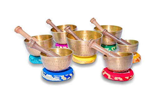 MASUM Tibetan Singing Bowl Set of 7, Authentic 7 metals for Yoga, Chakra healing, Deep Relaxation, Stress Relief and Mindfulness, Handmade in Nepal, comes w/ silk cushions an sticks MA-04