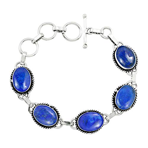 Oval Shape Natural & Synthetic Gemstones 925 Silver Plated Handmade Link Bracelets for Women - Birthstone Vintage Style Bohemian Adjustable Bracelet - Gifts for Wedding Anniversary Christmas - color: Lapis Lazuli