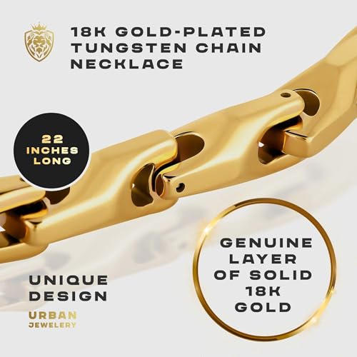 Urban Jewelry Men’s Wheat Link Bracelet Collection – Tungsten Carbide Base, 3-Sided Links, 8.3 Inch, Black, Silver & 24K Gold Plated Variations, Scratch-Resistant, Gift Box - color: 18K Gold Plated over Tungsten Bracelet Necklace Set