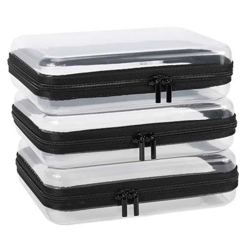 3 Pack Clear Hard Shell Zipper Case, Clear Zipper Pouches Waterproof Makeup Organizer & Travel Toiletry Bag, Plastic Pouch for Travel Office Storage, Black Medium Size - color: Black, size: Medium