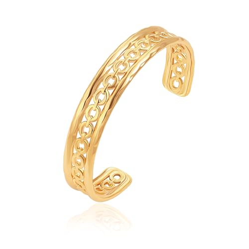 18K Gold Plated Open Cuff Bangle for Women Statement Brushed/Hammered/Textured Bracelet Layering Jewelry Love Gift for Her - style: Hard Oval Chain Bangle