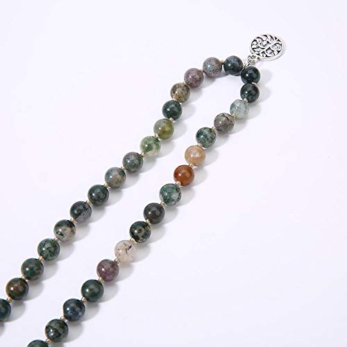 108 Mala Beads Necklace Semi-Precious Gem Stones Meditation Necklace 108 Hand Knotted Japa Mala Beaded Tassel Necklace with Tree of Life Pendant - color: Natural India Agate