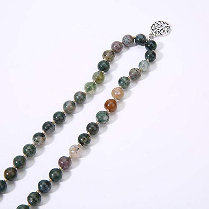 108 Mala Beads Necklace Semi-Precious Gem Stones Meditation Necklace 108 Hand Knotted Japa Mala Beaded Tassel Necklace with Tree of Life Pendant - color: Natural India Agate