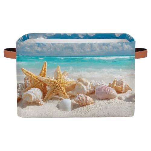 Pardick Storage Baskets Bin, Beach Ocean Starfish Seashells Collapsible Canvas Fabric Storage Bin Decorative Baskets Toy Organizer Rectangle Storage Boxes with handles for Home Shelves Nursery,Q-8 - color: A-14