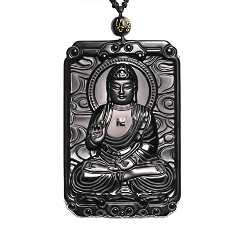 Black Obsidian Necklace Natural Crystal Amulet Protection Pendant with Adjustable Rope Lucky Talisman Necklaces Jewelry Gift for Men Women - color: Buddha C