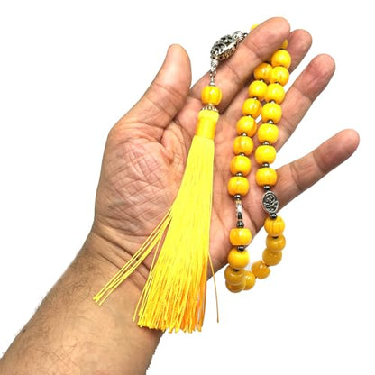 Mala Prayer Beads - Mala Necklace - Tibetan Mala Prayer Beads Meditation Beads Yoga Necklace - color: (POCKET MALA)-Yellow Resin Drum -13X9 mm- 27 Beads