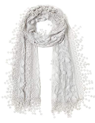 Cindy and Wendy Lightweight Soft Leaf Lace Fringes Scarf Bridal Veils shawl for Women - color: Light Gray