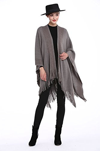 ZLYC Women's Shawl Golden Trim Knit Blanket Wrap Fringe Poncho Coat Cardigan - color: Grey