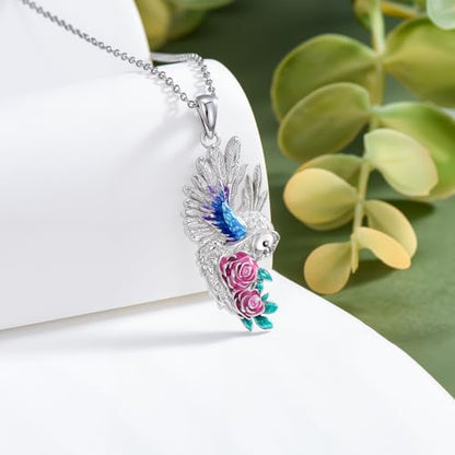 Hummingbird/Phoenix/Owl/Dove/Flamingo/Raven/Blue Jay/Cardinal/Peacock/Eagle/Parrot/Robin Necklace for Women 925 Sterling Silver Bird Pendant Necklace Animal Jewelry Gift for Mother Wife - style: Owl Necklace with Flower