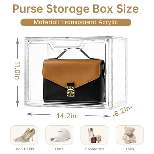 Purse Organizer for Closet,Clear Acrylic Display Case for Handbag Organizer, Purse Storage Box with Magnetic Door, Plastic Storage Bins for Book, Collectibles, Cosmetic (9 Pack)