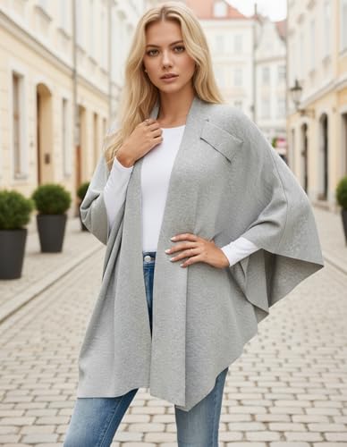 Womens Open Front Poncho Sweater Wrap Topper Knitted Elegant Shawls Cape for Spring Fall Winter - color: Series 1-grey