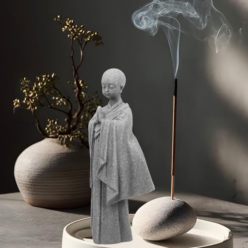 Stone Buddha Statue for Desk, Meditating Monk Statue with Praying Hands, Minimalist Sandstone, Exquisite Asian Zen Decor for Home/Office (5.3 Inch)