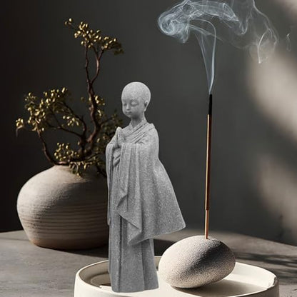 Stone Buddha Statue for Desk, Meditating Monk Statue with Praying Hands, Minimalist Sandstone, Exquisite Asian Zen Decor for Home/Office (5.3 Inch)
