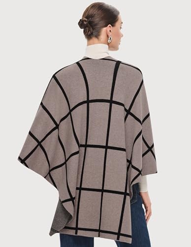 PULI Womens Elegant Cross Front Shawl Wraps Knitted Ponchos Cape Light Weight Poncho Sweater Soft Warm Travel Wraps - color: Classic Check-tan and Black