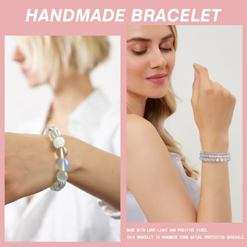 4pcs Beaded Bracelets for Women,Natural Healing Crystal Gemstones Bracelet,Anxiety Stress Relief Bracelet Handmade purple Jewelry Gifts for Women - color: Clear crystal&Opal&Cat Eyes