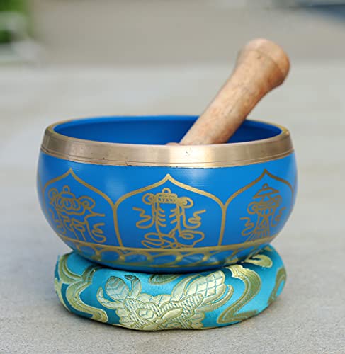 Medium ~ Tibetan 8 Lucky Symols Singing Bowl Set ~ With Mallet, Brocade Cushion & Carry Bag ~ For Meditation, Chakra Healing, Prayer, Yoga (Turquoise) - color: Turquoise