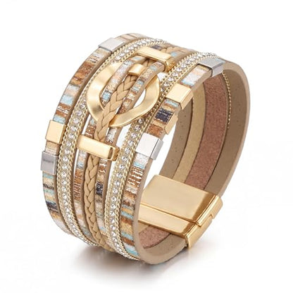 Edoneery Leather Wrap Bracelet for Women, Boho Handmade Multi-Layer Cuff with Crystal Beads Heart, Stackable Bangle Western Jewelry Gift - style: Circle(Boho)