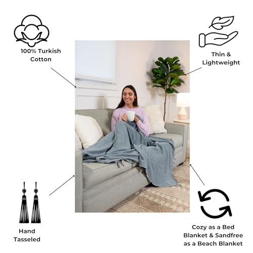 Stonewashed Turkish Throw Blanket - 100% Organic Turkish Cotton - 80" x 48" - Soft, Lightweight, Cozy - for Love Seat, Sofa, Picnic, Yoga - Sand Free Absorbent Beach Blanket - Denim - color: Large Denim (80" X 48")