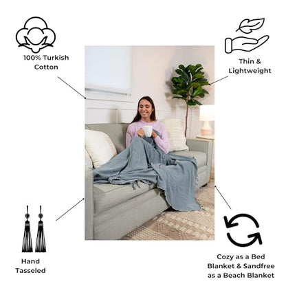 Stonewashed Turkish Throw Blanket - 100% Organic Turkish Cotton - 80" x 48" - Soft, Lightweight, Cozy - for Love Seat, Sofa, Picnic, Yoga - Sand Free Absorbent Beach Blanket - Denim - color: Large Denim (80" X 48")